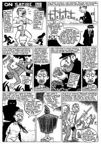 Pàgina de còmic de Joe Sacco on reflexiona sobre la sàtira, la violència i l'atemptat a Charlie Hebdo