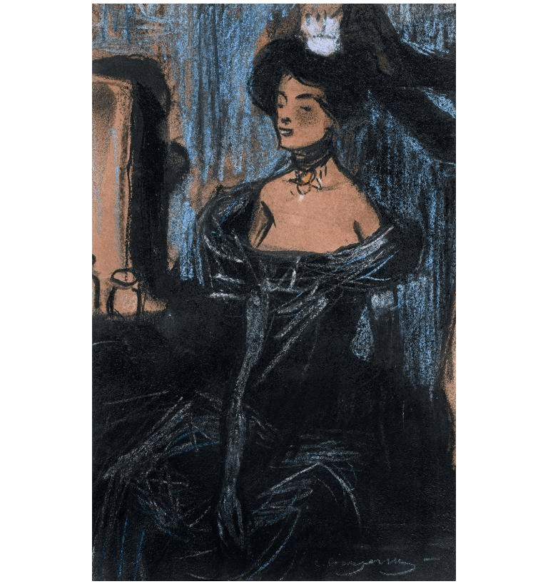 Tocador. Pintura de Carles Casagemas en que retrata una noia amb un vestit de nit negre asseguda a una cadira al davant del seu tocador.