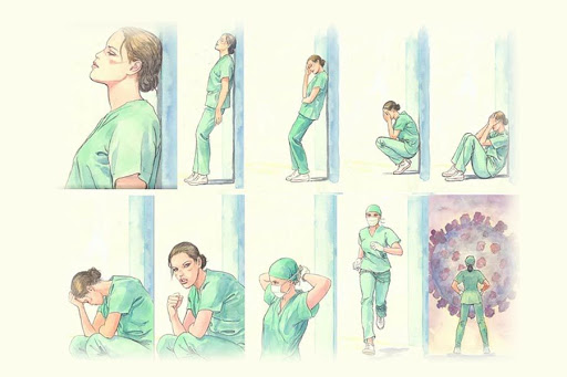 Seqüència de dibuixos de Milo Manara on es veu una metgessa o infermera esgotada mentalment i física que es refà per a seguir lluitant contra la pandèmia del coronavirus.