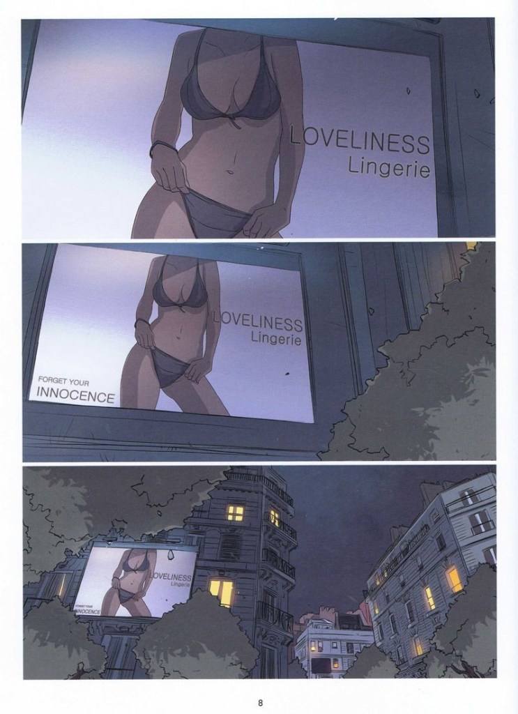 Tres vinyetes de dalt a baix: la primera, un primer pla d'un cos de noia en bikini; la segona, pla mig en que veiem què és un anunci de llenceria; la tercera, pla llarg de la valla publicitària.